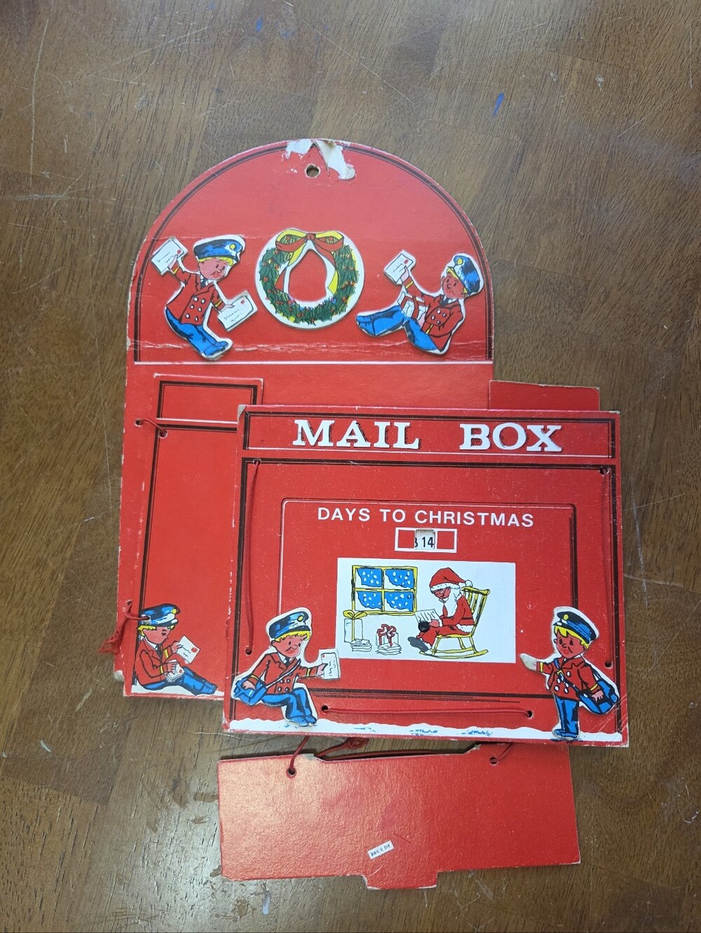Vintage Mid-Century Cardboard Santa's Mailbox Christmas Card Holder & Countdown